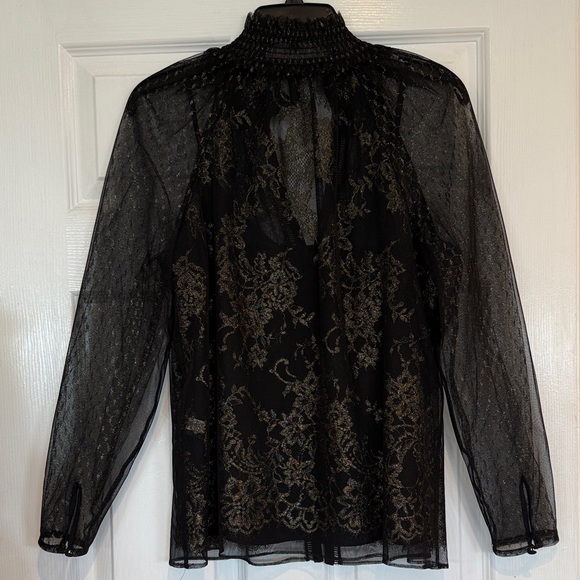 White House Black Market Black Sheer Lace Blouse with Gold Metallic Thread - Picture 7 of 7